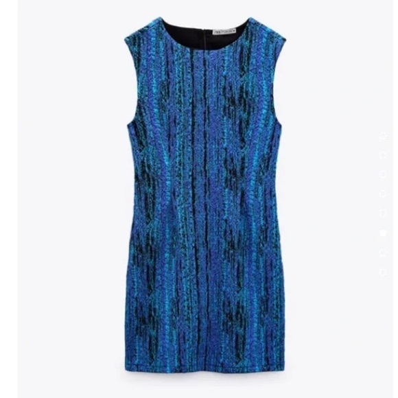 Zara Dress Women's Size Small Black Light Blue Textured Mini Bodycon Stretch NWT - Picture 12 of 13